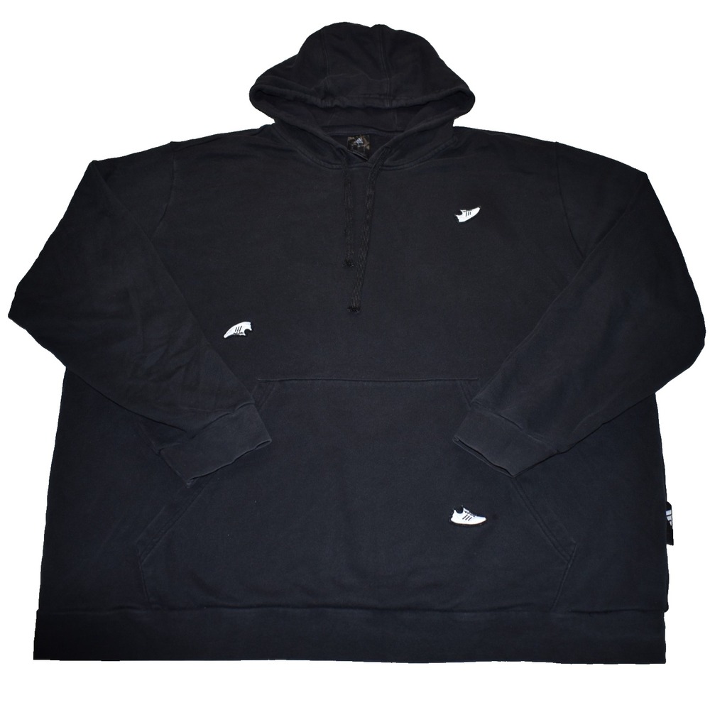 Adidas Hoodie Mens 2XL Black Allover Shoe Embroidered Pullover Fleece Sweatshirt